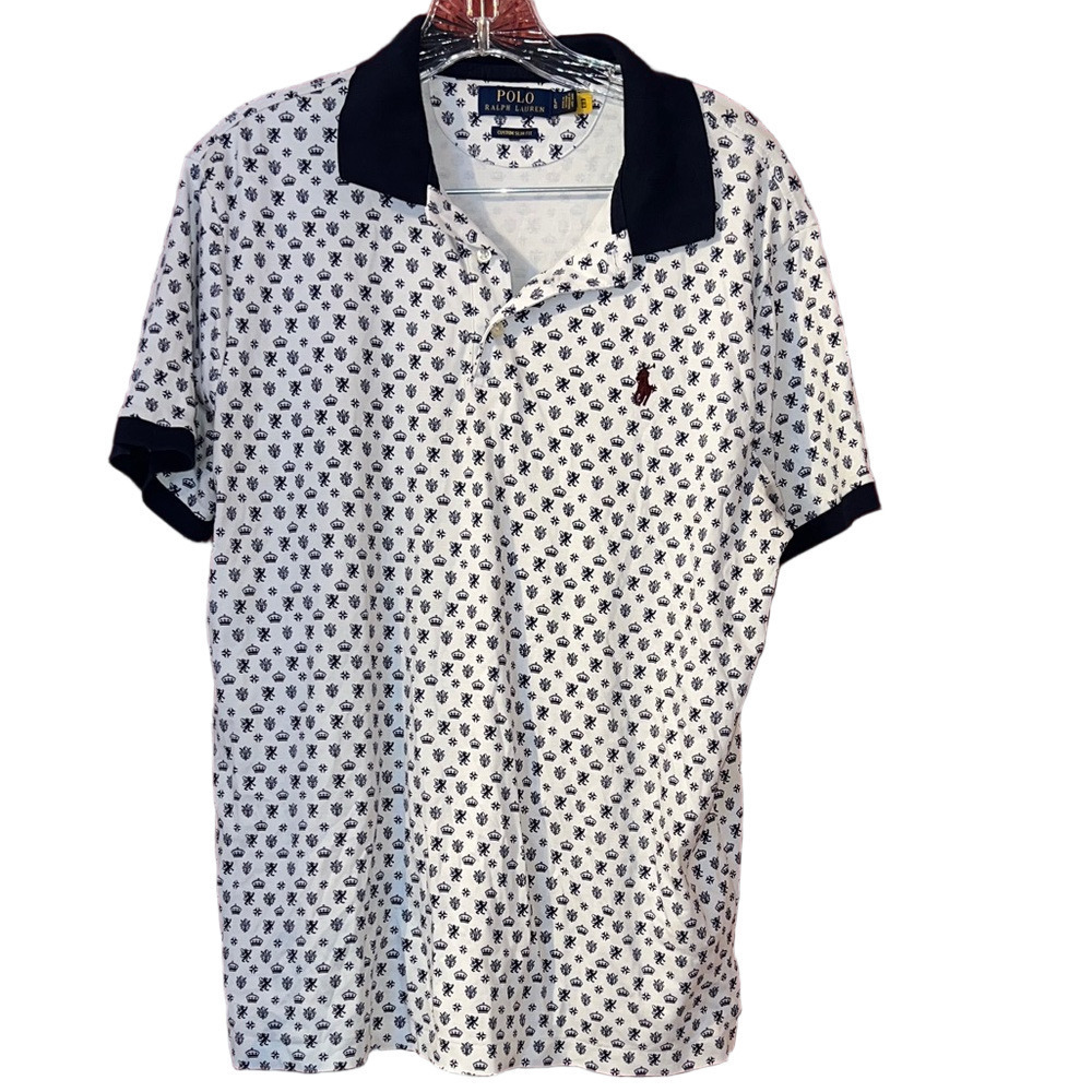 Ralph Lauren Classic Fit Lion Crown Printed Polo Shirt Mens M Navy White L